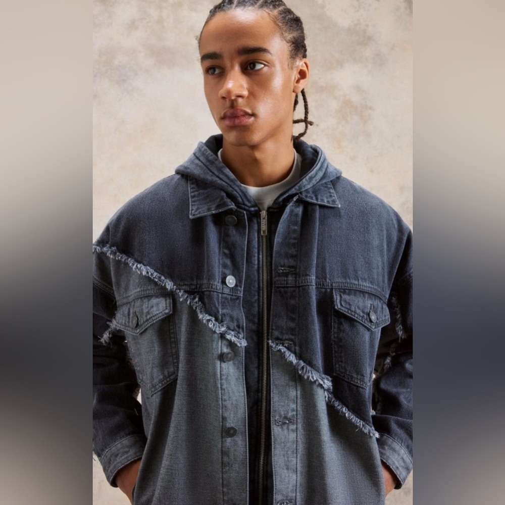 NWT [BoohooMan] Oversized Spliced Frayed Edge Denim Jacket in Mid Gray Men's XL - Picture 6 of 10